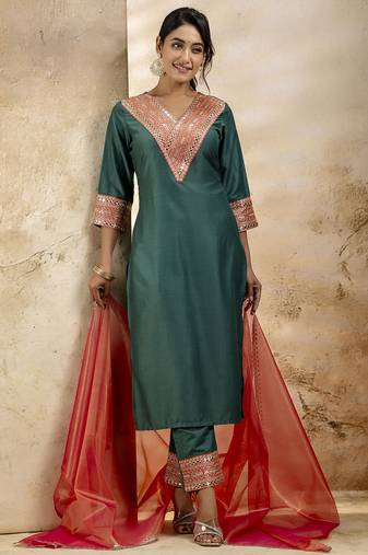 Women's embroidered silk blend kurta pant sets with dupatta