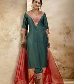 Women's embroidered silk blend kurta pant sets with dupatta