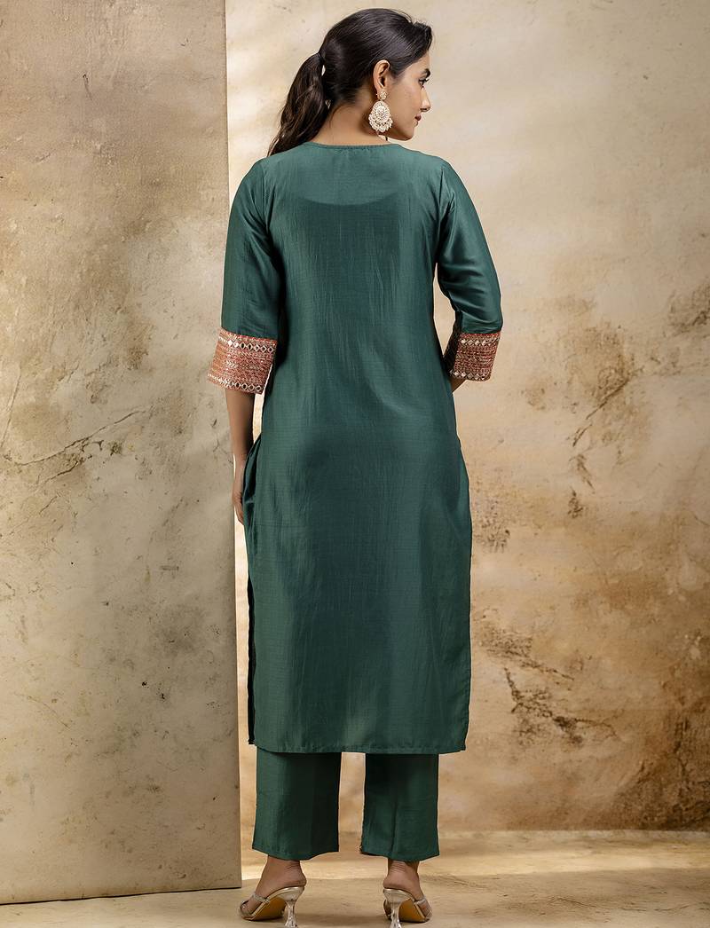 Women's embroidered silk blend kurta pant sets with dupatta