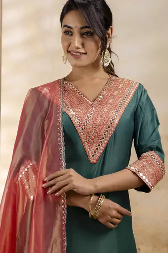 Women's embroidered silk blend kurta pant sets with dupatta
