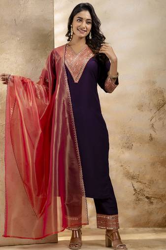 Women's embroidered silk blend kurta pant sets with dupatta