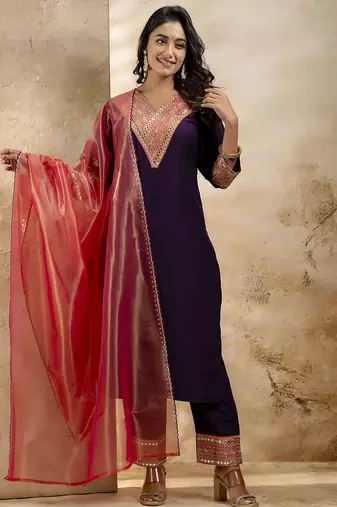 Women's embroidered silk blend kurta pant sets with dupatta