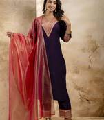 Women's embroidered silk blend kurta pant sets with dupatta