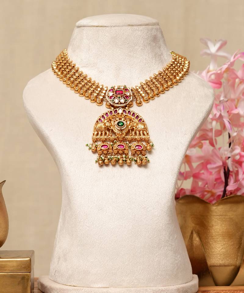 Gold plated kundan multicolor stones necklace set