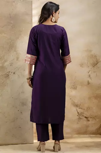 Women's embroidered silk blend kurta pant sets with dupatta