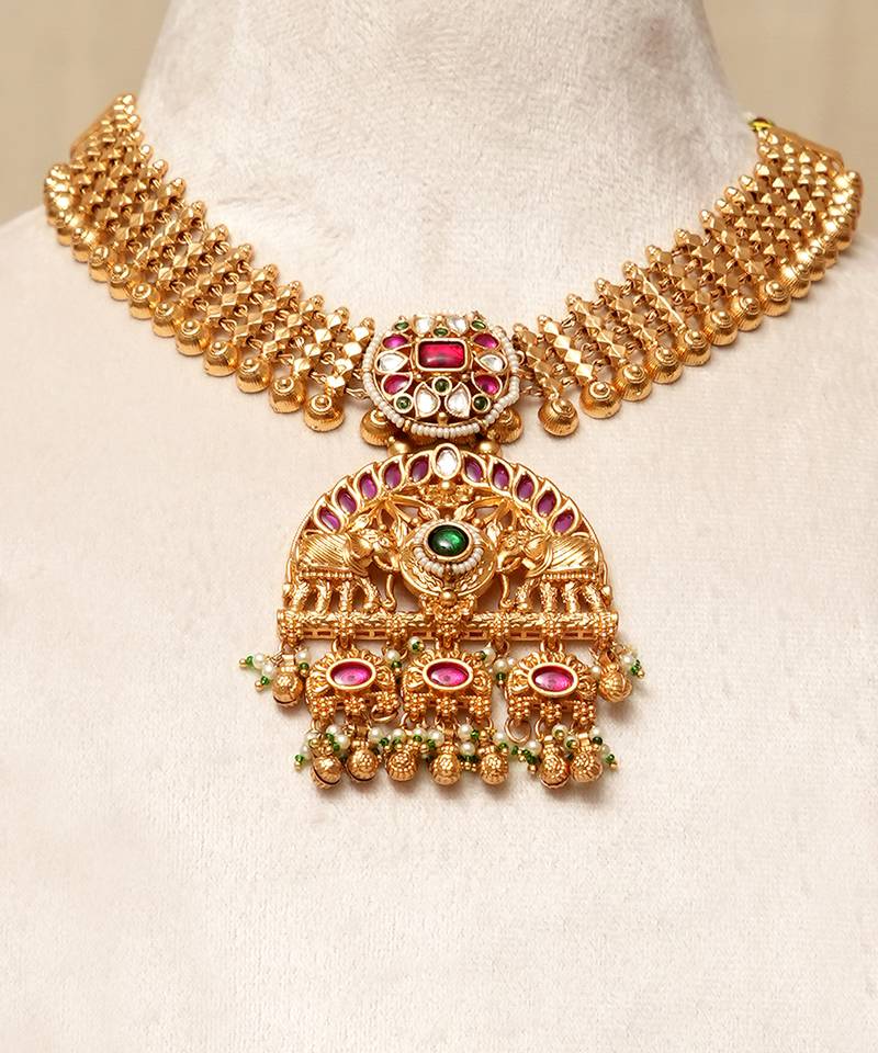 Gold plated kundan multicolor stones necklace set