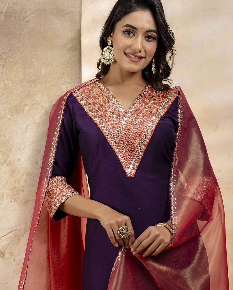 Women's embroidered silk blend kurta pant sets with dupatta