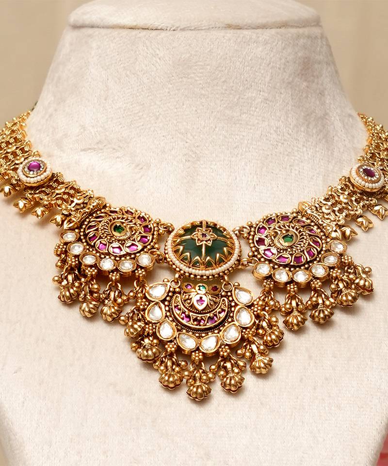 Gold plated kundan multicolor stones necklace set