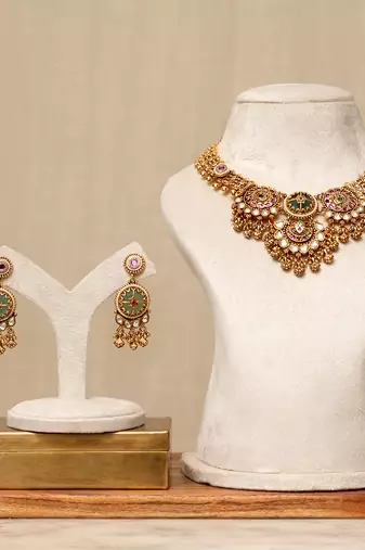 Gold plated kundan multicolor stones necklace set
