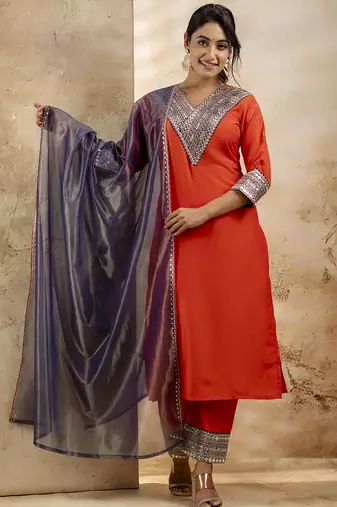 Women's embroidered silk blend kurta pant sets with dupatta