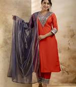 Women's embroidered silk blend kurta pant sets with dupatta