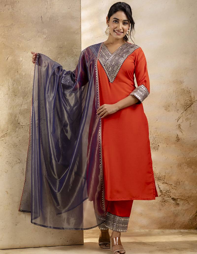 Women's embroidered silk blend kurta pant sets with dupatta