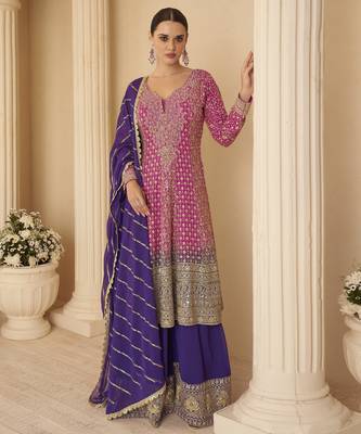 pink ready-to-wear heavy georgette embroidered salwar kameez with palazzo & dupatta elegant party wear 1
