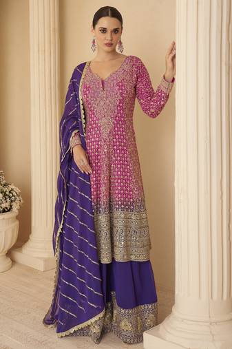 pink ready-to-wear heavy georgette embroidered salwar kameez with palazzo & dupatta elegant party wear