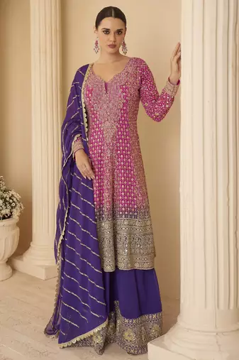 pink ready-to-wear heavy georgette embroidered salwar kameez with palazzo & dupatta elegant party wear