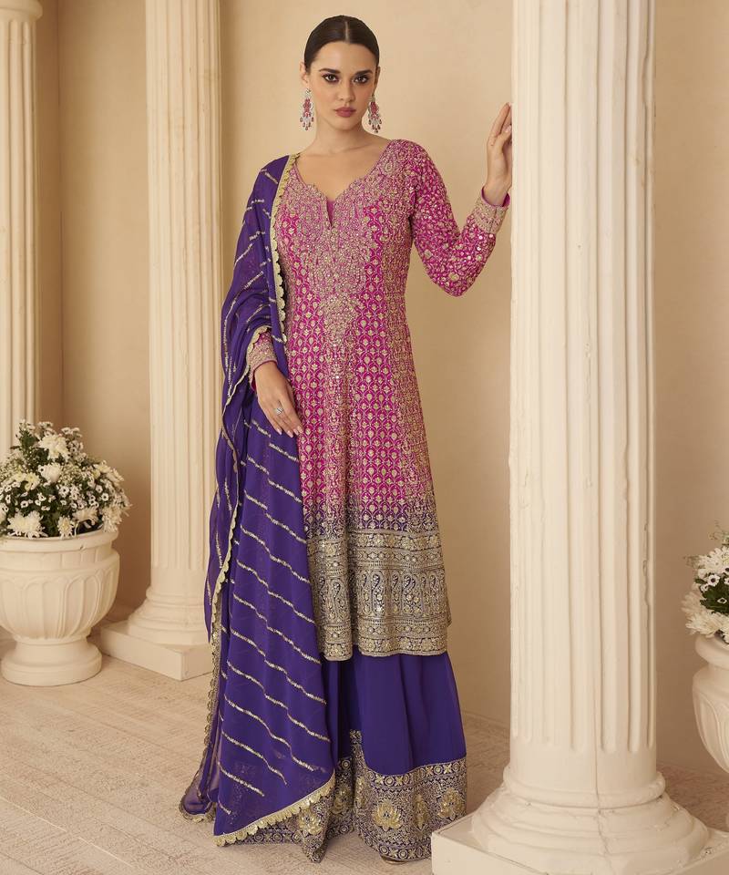 pink ready-to-wear heavy georgette embroidered salwar kameez with palazzo & dupatta elegant party wear