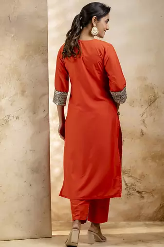 Women's embroidered silk blend kurta pant sets with dupatta
