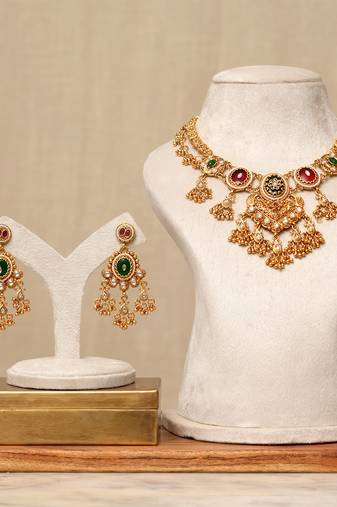 Gold plated kundan multicolor stones necklace set