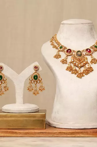 Gold plated kundan multicolor stones necklace set