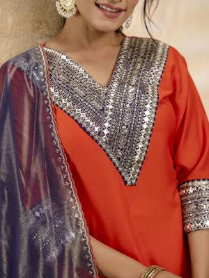 Women's embroidered silk blend kurta pant sets with dupatta 3