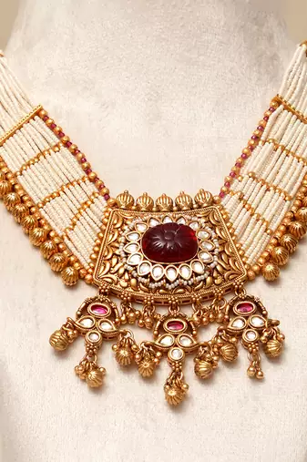 Gold plated kundan red stones necklace set