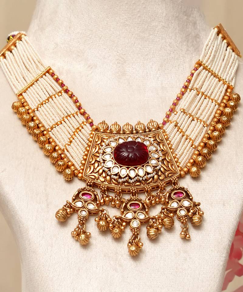 Gold plated kundan red stones necklace set