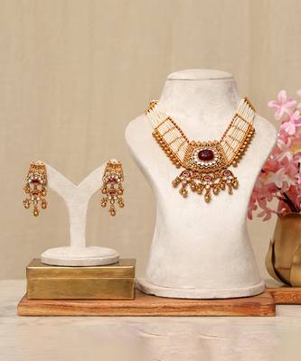 Gold plated kundan red stones necklace set 1