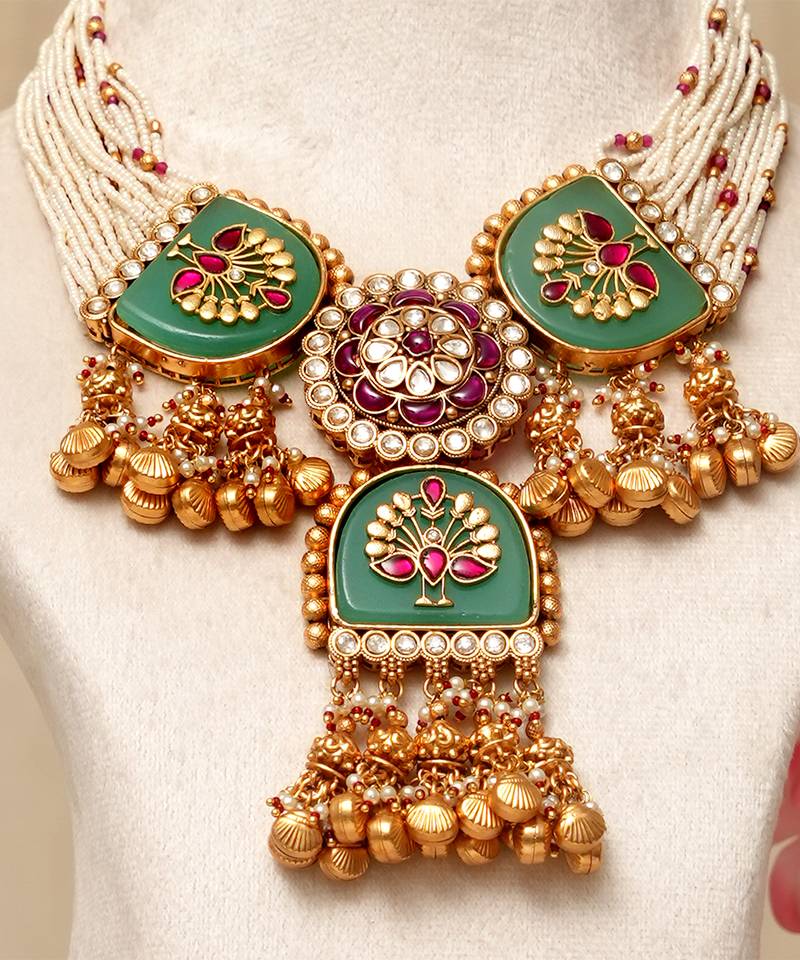 Gold plated kundan multicolor stones necklace set