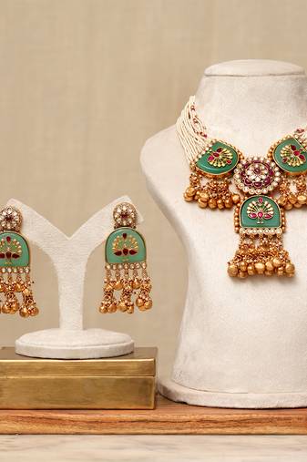 Gold plated kundan multicolor stones necklace set