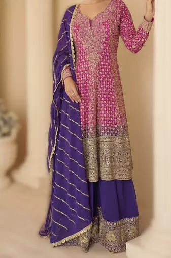 pink ready-to-wear heavy georgette embroidered salwar kameez with palazzo & dupatta elegant party wear