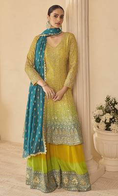 yellow ready-to-wear heavy georgette embroidered salwar kameez with palazzo & dupatta elegant party wear 1