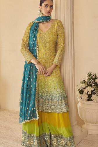 yellow ready-to-wear heavy georgette embroidered salwar kameez with palazzo & dupatta elegant party wear