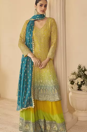 yellow ready-to-wear heavy georgette embroidered salwar kameez with palazzo & dupatta elegant party wear