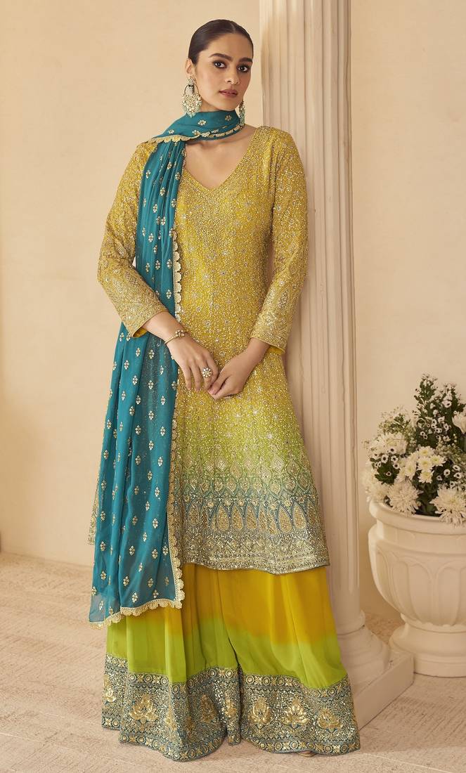 yellow ready-to-wear heavy georgette embroidered salwar kameez with palazzo & dupatta elegant party wear