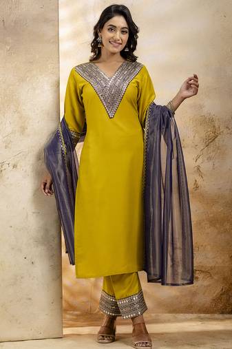 Women's embroidered silk blend kurta pant sets with dupatta