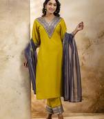 Women's embroidered silk blend kurta pant sets with dupatta