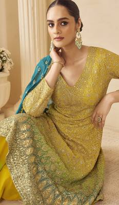 yellow ready-to-wear heavy georgette embroidered salwar kameez with palazzo & dupatta elegant party wear 2