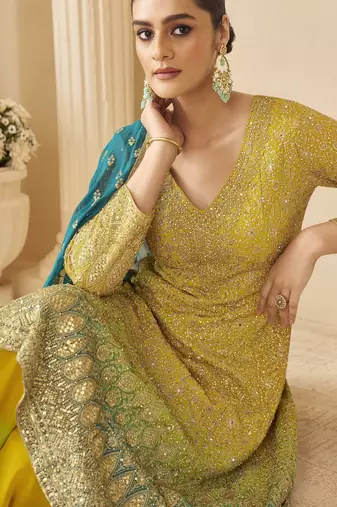 yellow ready-to-wear heavy georgette embroidered salwar kameez with palazzo & dupatta elegant party wear