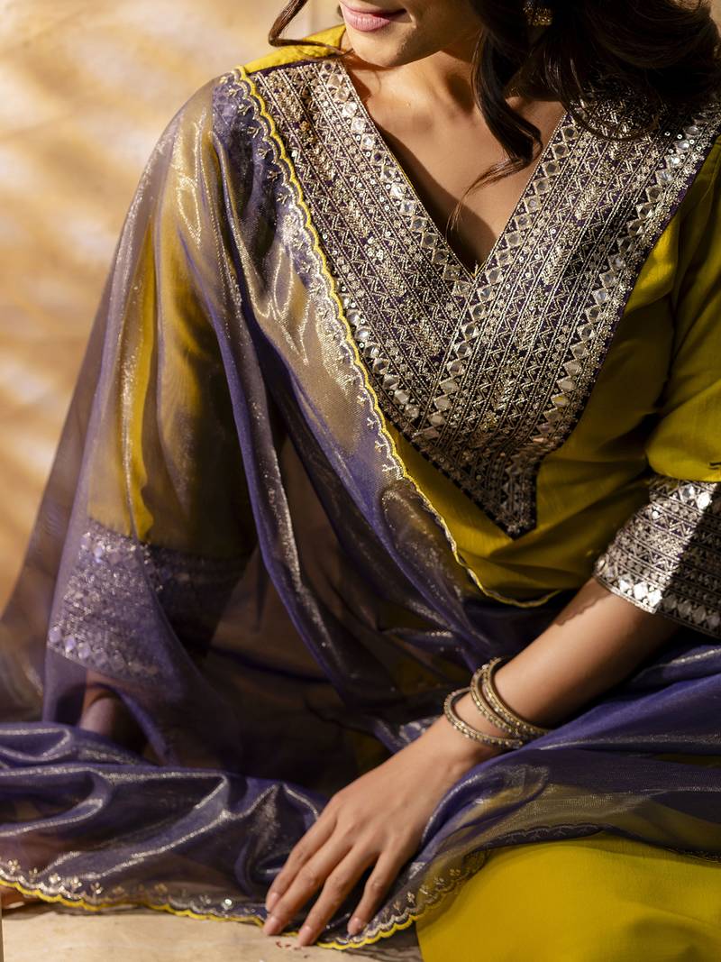 Women's embroidered silk blend kurta pant sets with dupatta