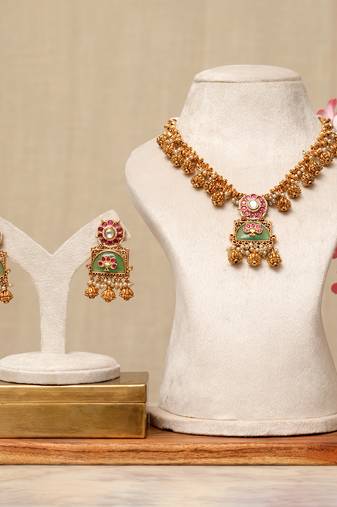 Gold plated kundan multicolor stones necklace set