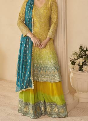 yellow ready-to-wear heavy georgette embroidered salwar kameez with palazzo & dupatta elegant party wear 3