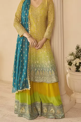 yellow ready-to-wear heavy georgette embroidered salwar kameez with palazzo & dupatta elegant party wear