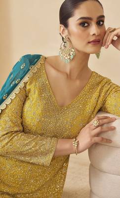 yellow ready-to-wear heavy georgette embroidered salwar kameez with palazzo & dupatta elegant party wear 4