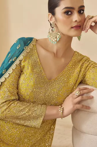 yellow ready-to-wear heavy georgette embroidered salwar kameez with palazzo & dupatta elegant party wear