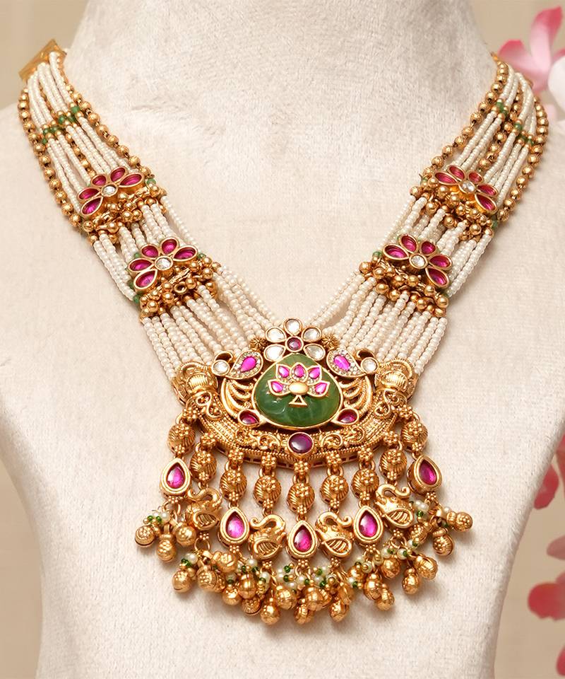 Gold plated kundan multicolor stones necklace set