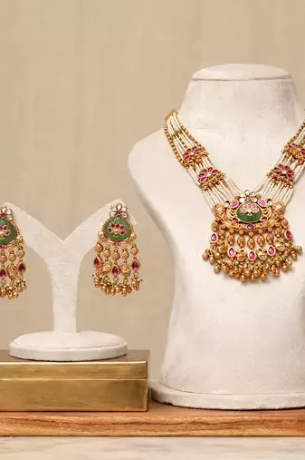 Gold plated kundan multicolor stones necklace set