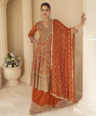 orange ready-to-wear heavy georgette embroidered salwar kameez with palazzo & dupatta elegant party wear 1