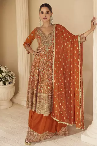 orange ready-to-wear heavy georgette embroidered salwar kameez with palazzo & dupatta elegant party wear