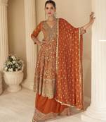 orange ready-to-wear heavy georgette embroidered salwar kameez with palazzo & dupatta elegant party wear