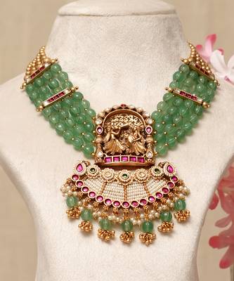 Gold plated kundan green stones necklace set 1